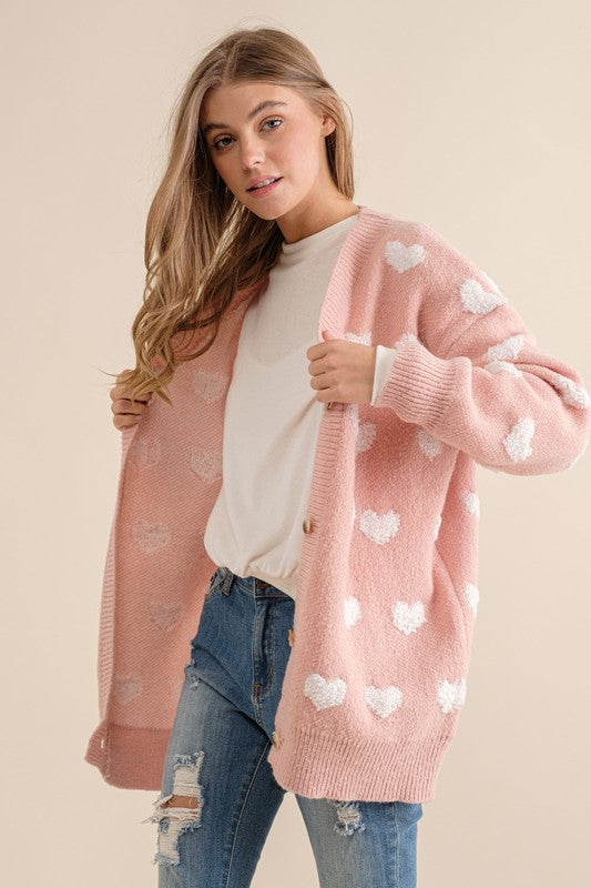 ALL OVER HEART PATTERN SWEATER CARDIGAN