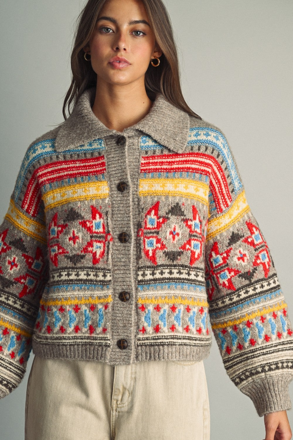 FOLK PATTERNED BUTTON-DOWN SWEATER WITH BIG COLLAR