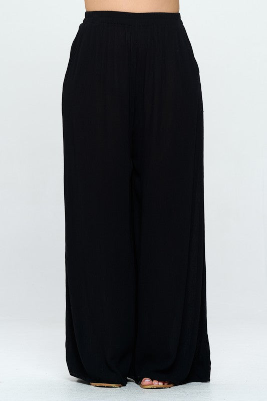 WASHED WOVEN WIDE LEG PANTS - 1X - 3X