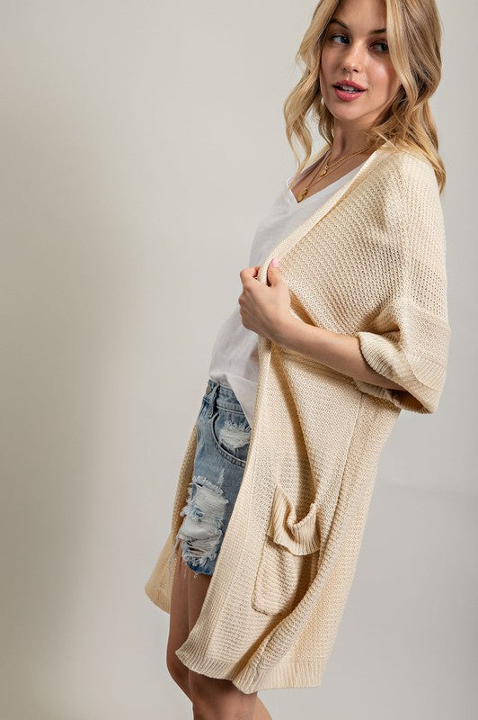 SHORT SLEEVE WAFFLE KNIT CARDIGAN