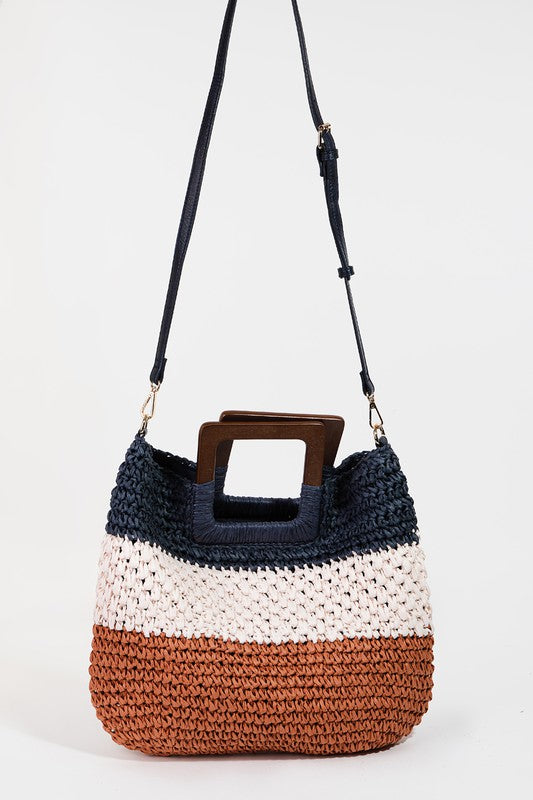 HANDMADE STRAW BRAIDED STRIPED TOTE BAG