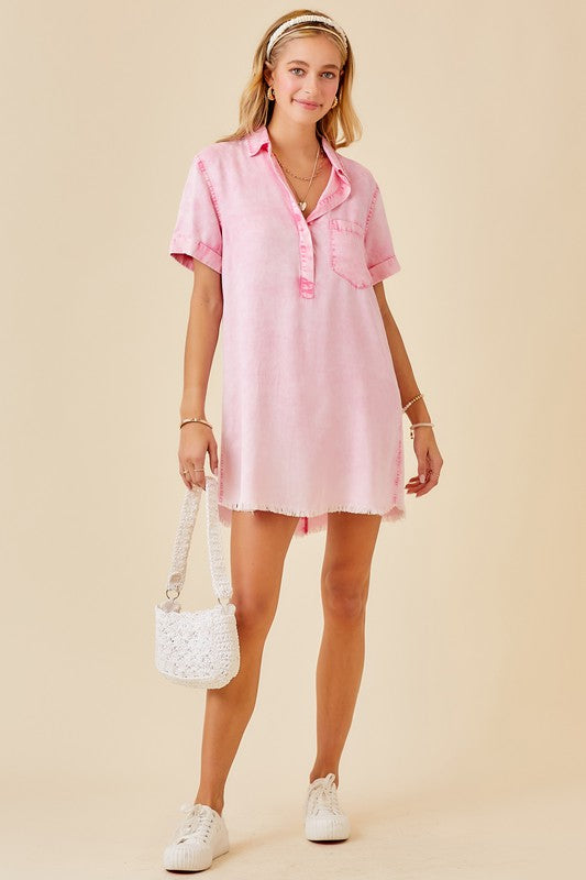 WASHED PINK SHORT SLEEVE DENIM DRESS