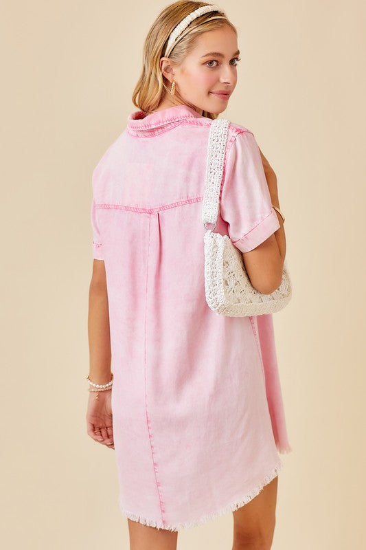 WASHED PINK SHORT SLEEVE DENIM DRESS
