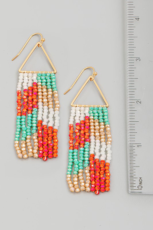 TRIANGLE CUTOUT BEADED FRINGE EARRINGS