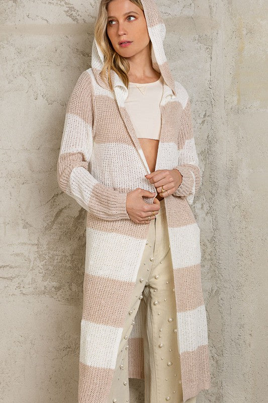 WIDE STRIPE LONG SLEEVE HOODED CARDIGAN - BY POL