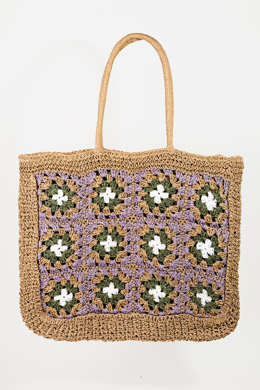 BIG STRAW BRAIDED FLORAL TOTE BAG