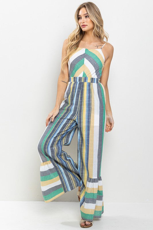 STRIPED RUFFLED HEM JUMPSUIT