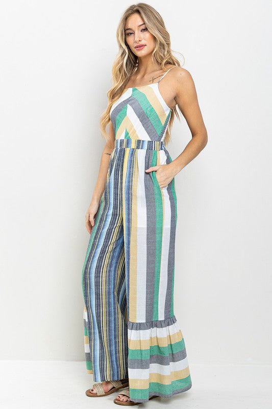 STRIPED RUFFLED HEM JUMPSUIT