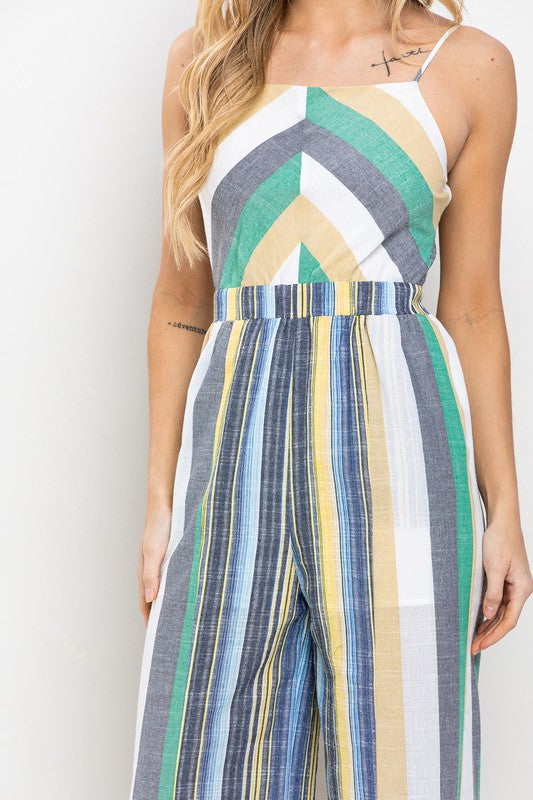 STRIPED RUFFLED HEM JUMPSUIT