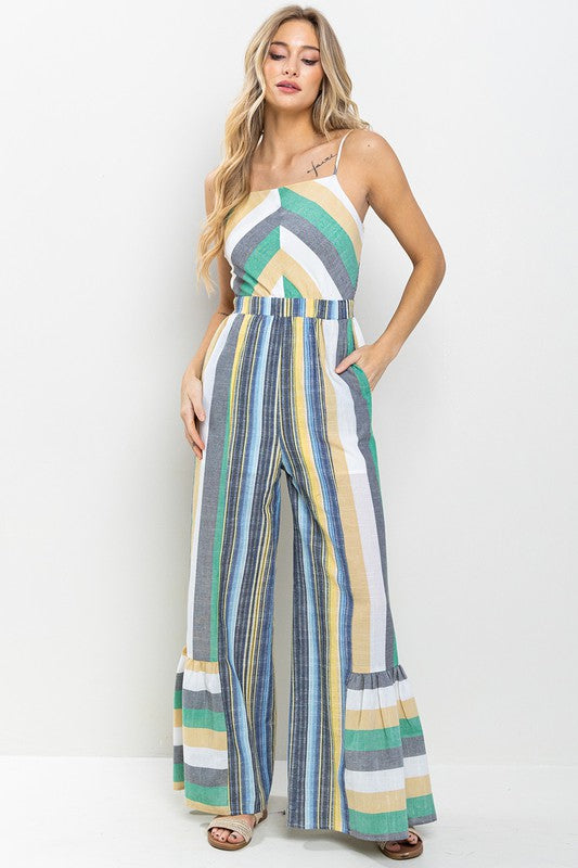 STRIPED RUFFLED HEM JUMPSUIT