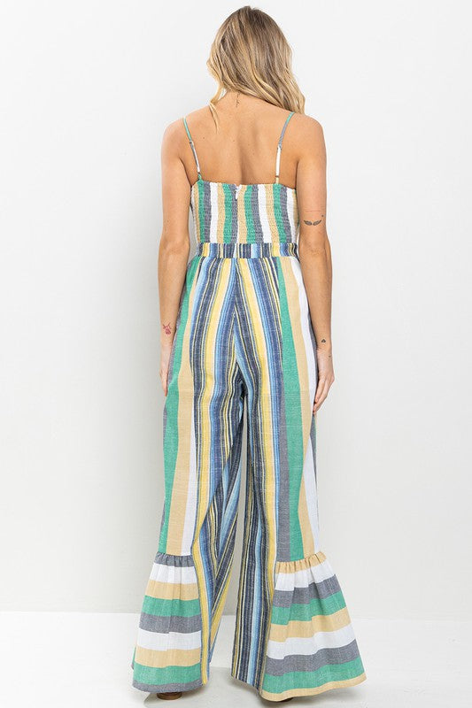STRIPED RUFFLED HEM JUMPSUIT