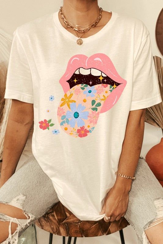 BOHO FLORAL TONGUE LIPS TEE