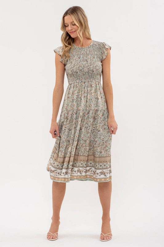 SMOCKED FLORAL BORDER PRINT MIDI DRESS - NEW COLOR