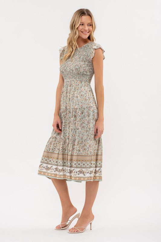 SMOCKED FLORAL BORDER PRINT MIDI DRESS - NEW COLOR