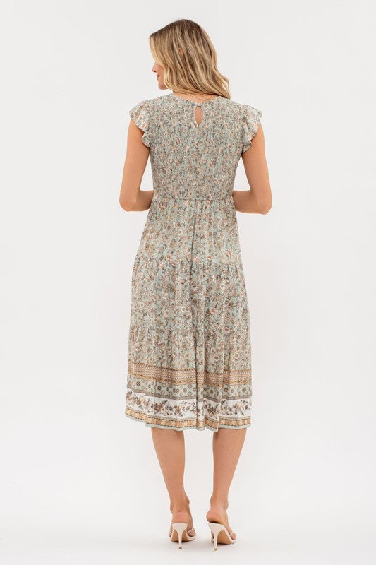 SMOCKED FLORAL BORDER PRINT MIDI DRESS - NEW COLOR