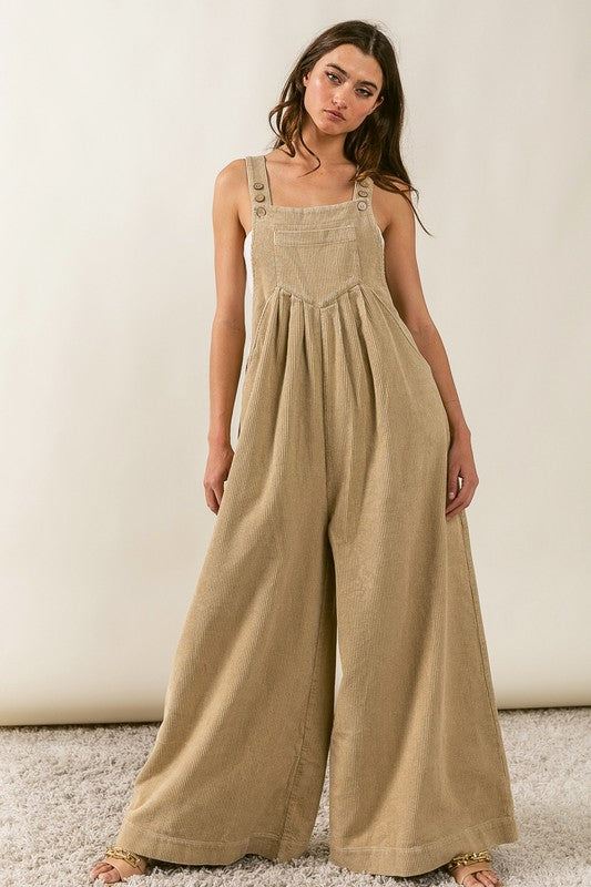 VINTAGE WASHED CORDUROY WIDE LEG OVERALLS