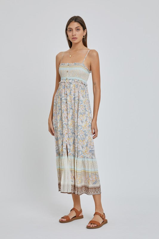 SMOCKED PRINT MAXI DRESS