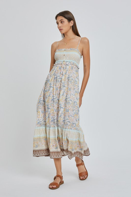 SMOCKED PRINT MAXI DRESS