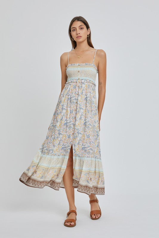 SMOCKED PRINT MAXI DRESS