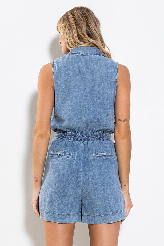 DENIM BUTTON UP SLEEVELESS ROMPER