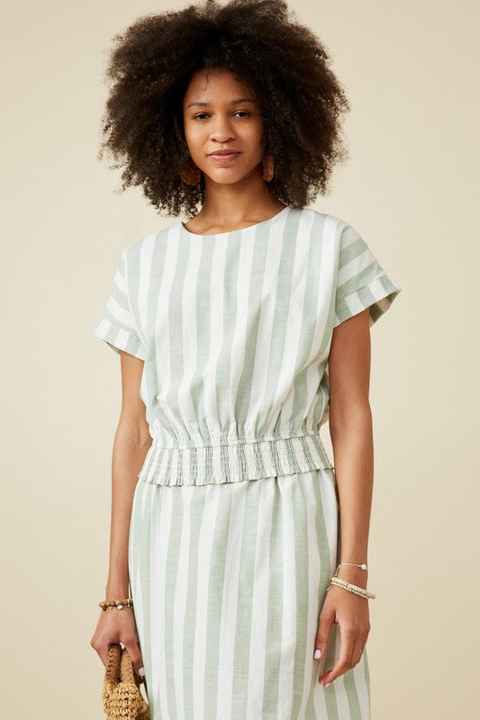 SAGE BUTTON BACK STRIPED TOP