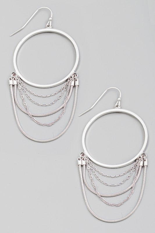 CIRCLE CUTOUT CHAIN DROP EARRINGS - SLIVER