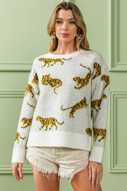 BIBI TIGER PATTERN LONG SLEEVE SWEATER - LAST RESTOCK