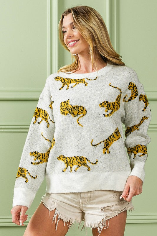 BIBI TIGER PATTERN LONG SLEEVE SWEATER - LAST RESTOCK