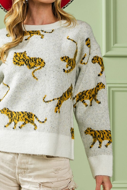 BIBI TIGER PATTERN LONG SLEEVE SWEATER - LAST RESTOCK