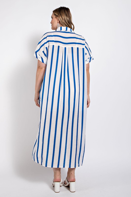 MIXED STRIPE BUTTON DOWN DRESS  BLUE S - 2X