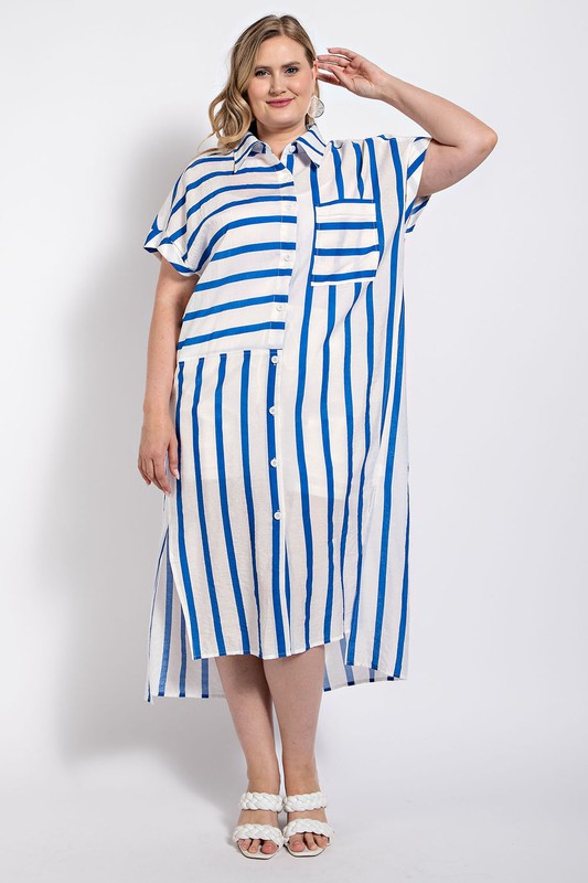 MIXED STRIPE BUTTON DOWN DRESS  BLUE S - 2X