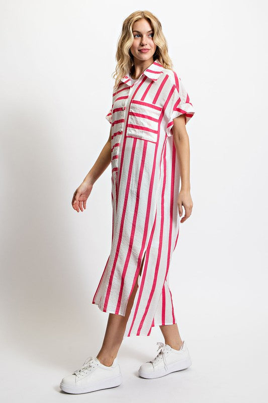 MIXED STRIPE BUTTON DOWN DRESS PINK S - 2X