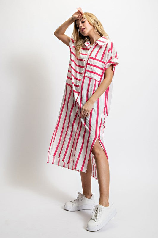 MIXED STRIPE BUTTON DOWN DRESS PINK S - 2X