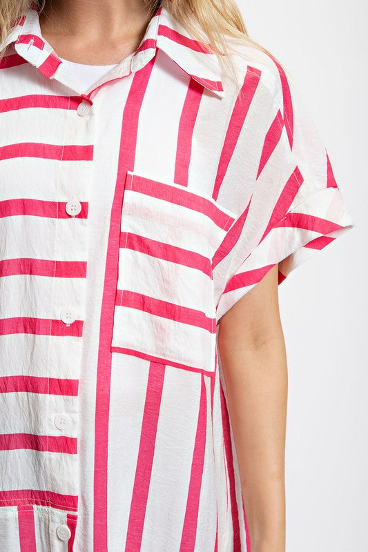 MIXED STRIPE BUTTON DOWN DRESS PINK S - 2X