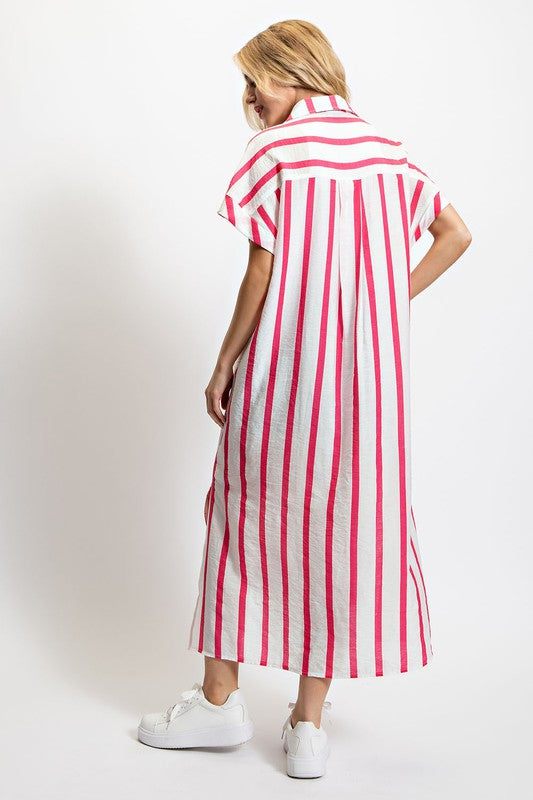 MIXED STRIPE BUTTON DOWN DRESS PINK S - 2X