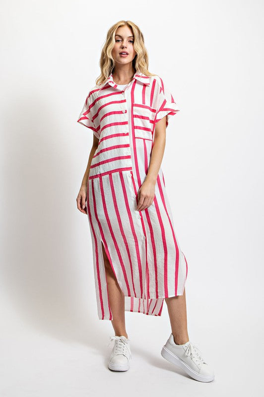 MIXED STRIPE BUTTON DOWN DRESS PINK S - 2X