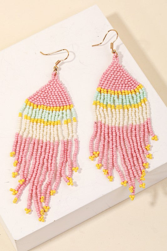 STRIPED SEED BEAD FRINGE EARRINGS