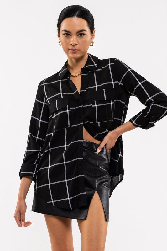 GRID BUTTON UP WOVEN TOP