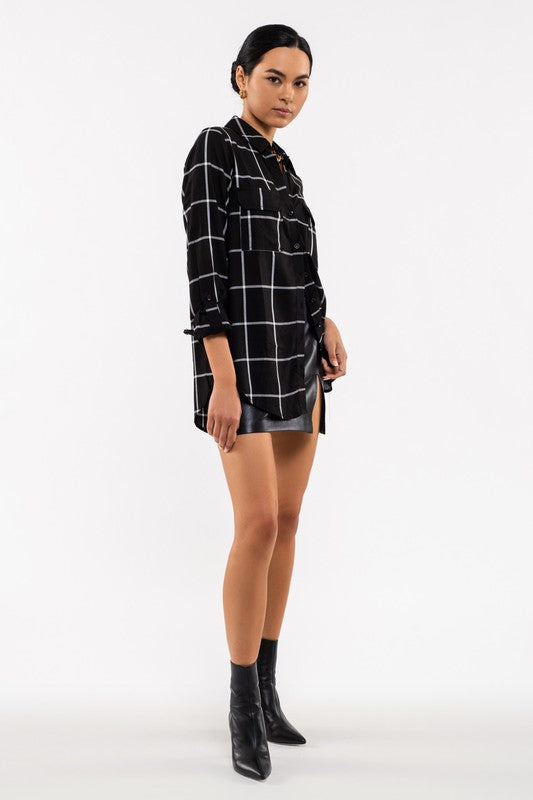 GRID BUTTON UP WOVEN TOP