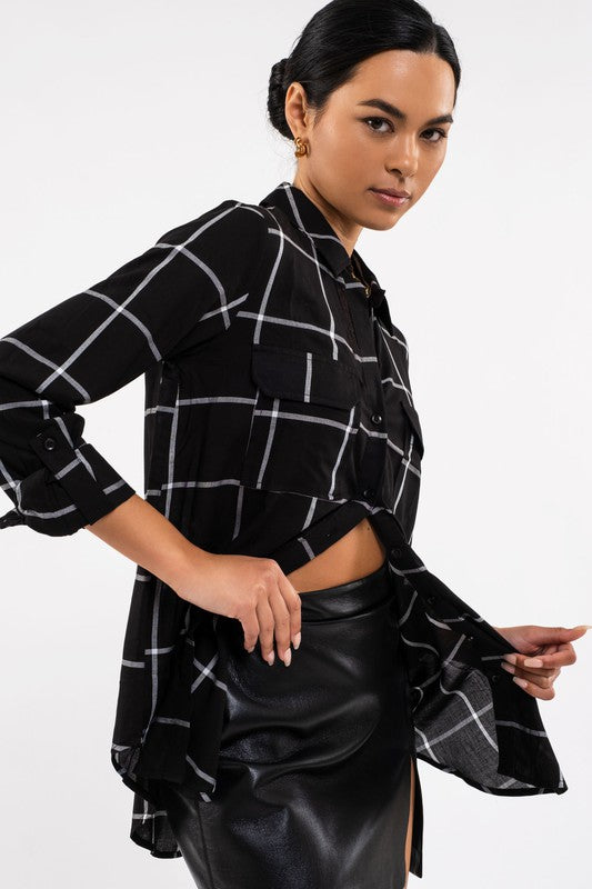 GRID BUTTON UP WOVEN TOP