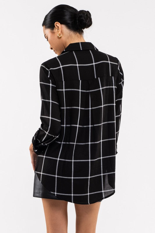 GRID BUTTON UP WOVEN TOP