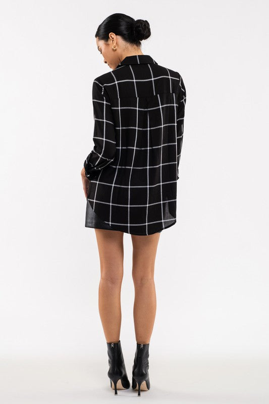 GRID BUTTON UP WOVEN TOP