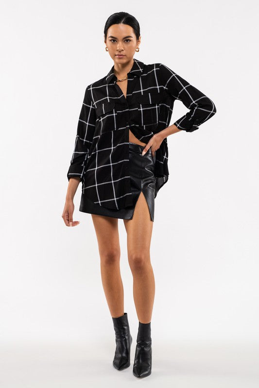 GRID BUTTON UP WOVEN TOP
