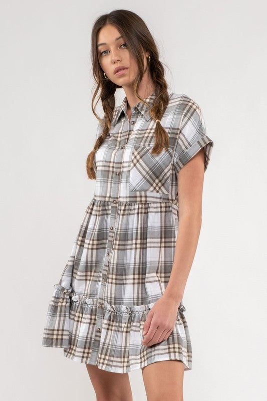 PLAID RUFFLE HEM SHIRT DRESS