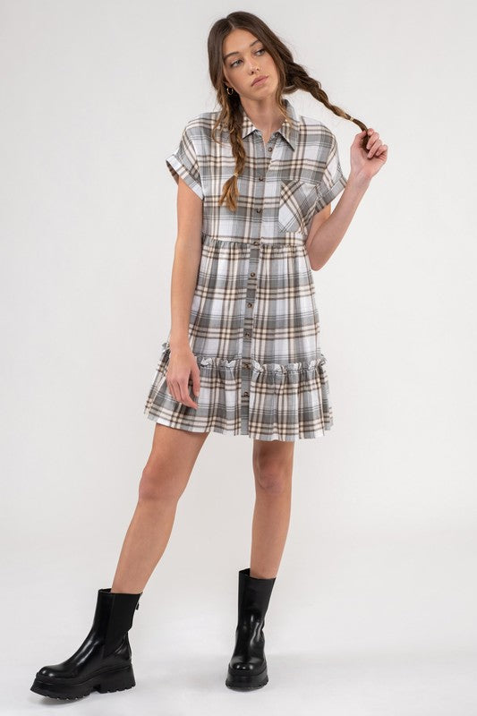 Load image into Gallery viewer, PLAID RUFFLE HEM SHIRT DRESS
