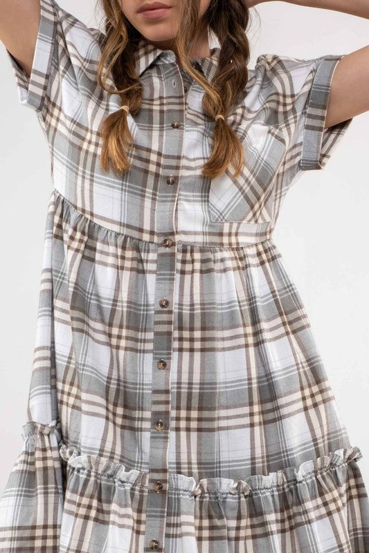 PLAID RUFFLE HEM SHIRT DRESS