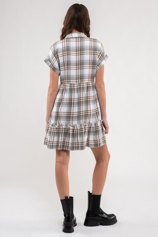 Load image into Gallery viewer, PLAID RUFFLE HEM SHIRT DRESS
