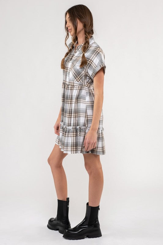 Load image into Gallery viewer, PLAID RUFFLE HEM SHIRT DRESS
