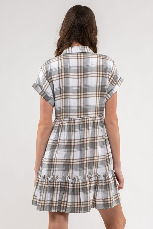 PLAID RUFFLE HEM SHIRT DRESS