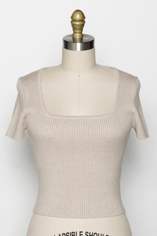 RIBBED SQUARE NECK SHORT SLEEVE SWEATER TOP